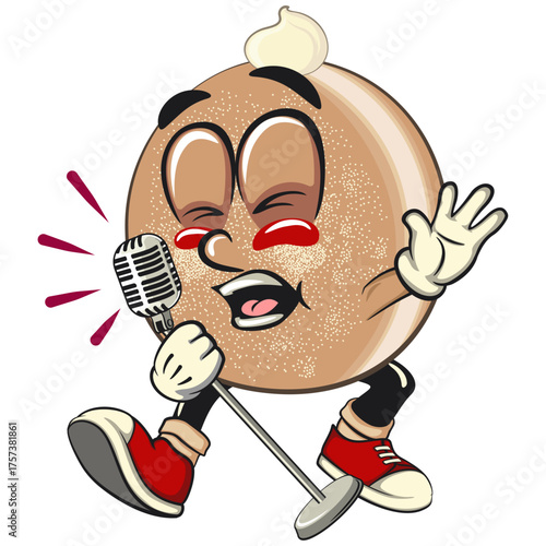 cute sugar donut bun mascot cartoon character vector illustration sing earnestly with maximum style, sweet bakery dessert food icon isolated, work of hand drawn