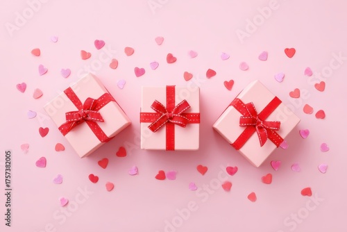 Happy Valentines day template with gift box. Romantic design decorative objects, red heart. Sale long banner, surprise poster, flyer and brochure. Mock up holiday. Front view. 3D. Panoramic