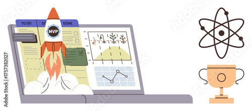 Rocket taking off from task board on laptop, science atom, and trophy highlight innovation, productivity, and achievement. Ideal for business, technology, education, success teamwork goals