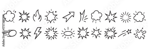 Black and white comic book style graphic element, including explosions, wind, stars, and lightning bolts. vector illustration