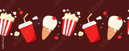 Cinema equipment seamless border.  Popcorn, soda drink, and ice cream. Delicious snack illustration. Can be used for print, greeting card, party, and cinema theme decoration.
