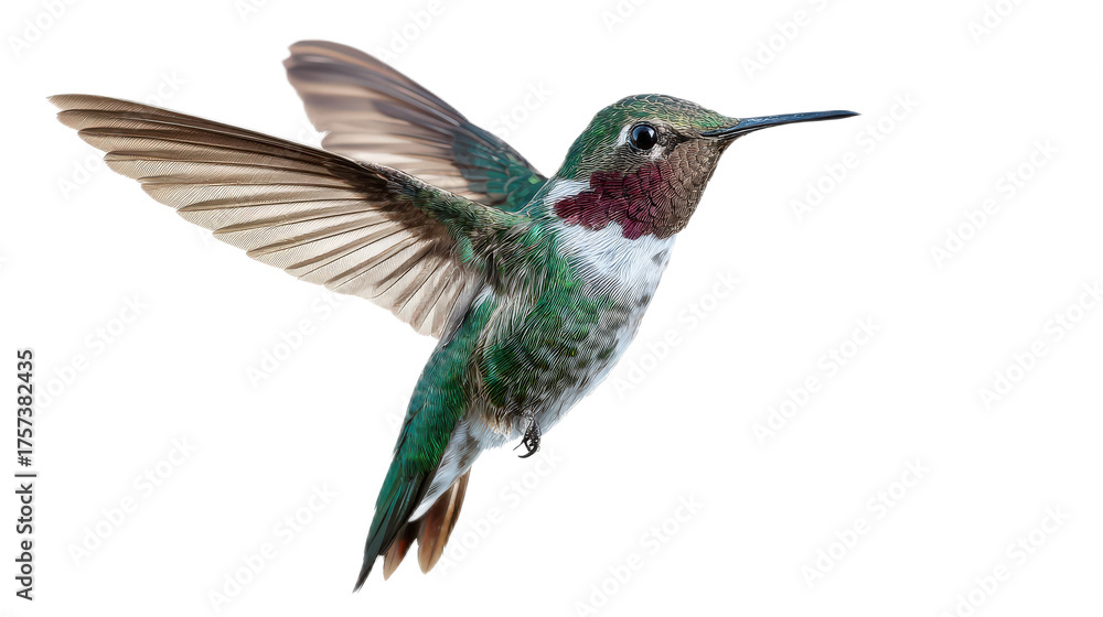 Obraz premium Vibrant hummingbird in mid-flight showcasing stunning plumage and delicate wings against a clean background for nature lovers