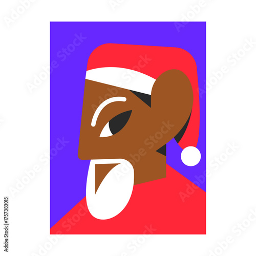 Modern Abstract Portrait of Asian Black Santa Claus. Christmas and New Year Diversity and Inclusion Concept. Vector Illustration.