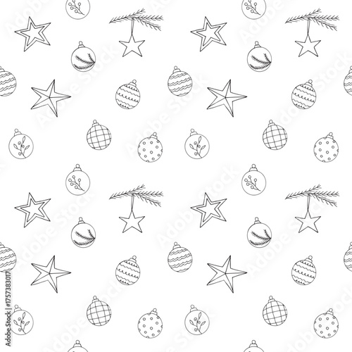 Christmas balls and stars seamless pattern, hand drawing, vector illustration