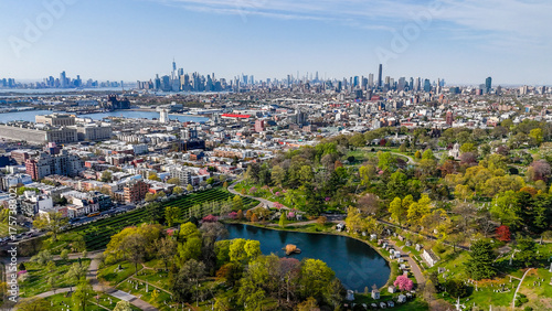 Aerial landscape of Greenwood Cemetery graveyard Borough Park Brooklyn in New York City NY