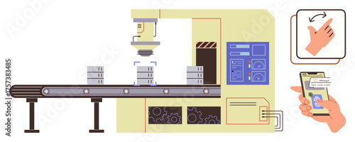 Conveyor belt with robotic arm stacking boxes and remote control via smartphone. Ideal for industry, automation, connectivity, digitalization, smart factory, robotics, efficiency. Simple flat