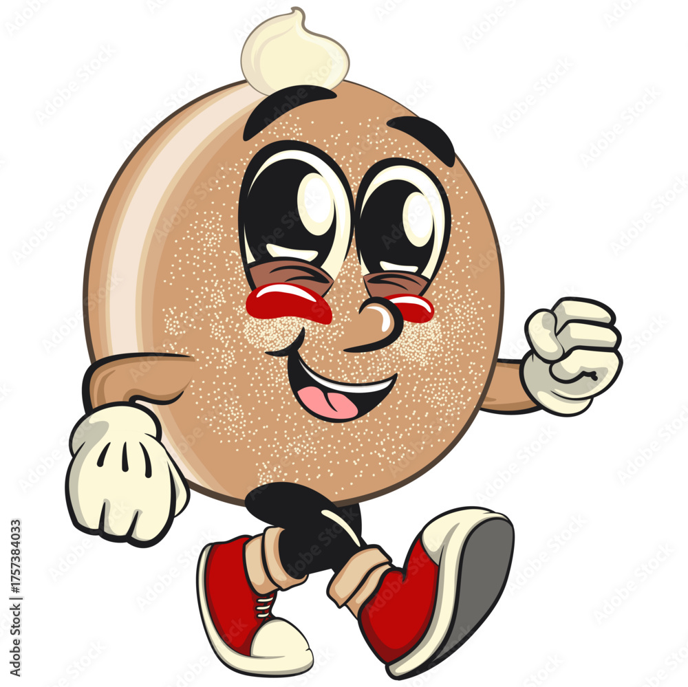 Fototapeta premium cute sugar donut bun mascot cartoon character vector illustration walking, sweet bakery dessert food icon isolated, work of hand drawn