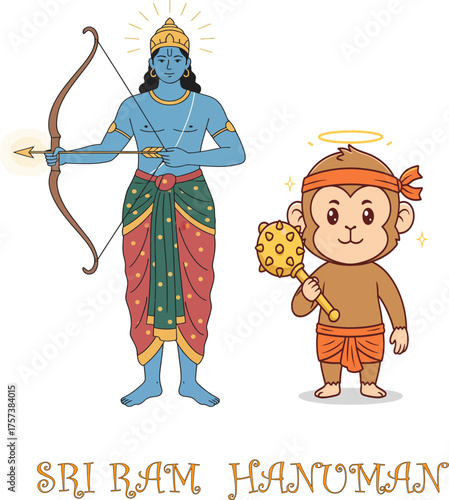 A stylized illustration depicts Lord Rama in blue skin holding a bow and arrow, alongside a charming cartoon Hanuman with a mace.