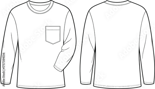 Long sleeve shirt sketch, fashion garment drawing, crew neck apparel design, chest pocket shirt outline, modern clothing illustration, stylish casual wear art