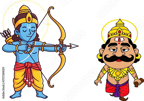 A whimsical cartoon illustration featuring Lord Rama with a bow and arrow confronting the demon king Ravana, rendered in a cute chibi style.