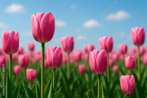 Pink tulip flower field under blue sky with soft clouds, vibrant spring floral scene with fresh green leaves and shallow depth of field creating peaceful and colorful atmosphere