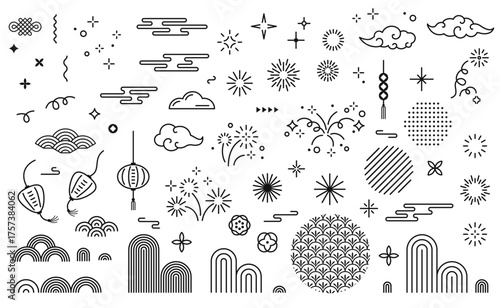 Chinese Happy New Year outline icon set isolated on white background. Vector illustration. Lunar China holiday line design element. Firework hanging lantern japanese cloud sparkle star. Luck knot