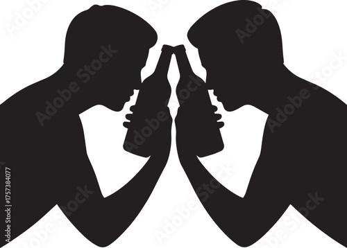 Silhouette of Two Men Clinking Bottle Necks. Celebration Toast of Friendship.