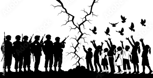 Silhouetted soldiers stand guard over children reaching towards freedom birds above a cracked earth