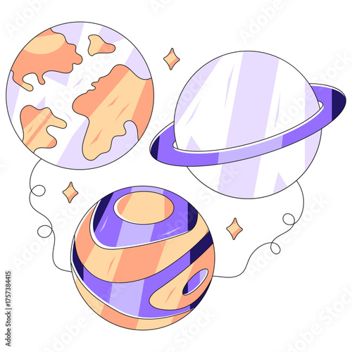 An isometric design illustration of planetary system