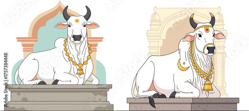 Two white cows, decorated with floral garlands and jewelry, are depicted in a symmetrical, artistic style on stone pedestals.