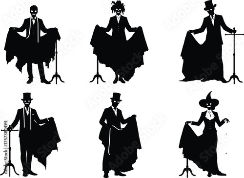 Magician silhouettes, magic trick performance, illusion show, stage mystery, top hat magician, theatrical act, vintage style, magician cloth trick, entertainment art
