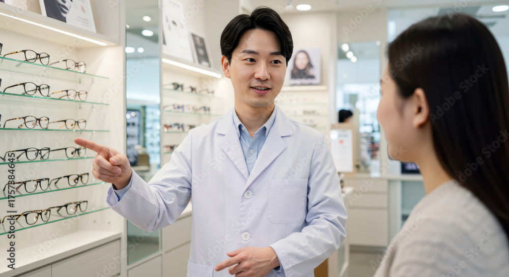 Obraz premium An optician providing customer consultation at an optical shop.