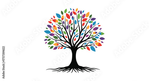 Vibrant tree of life with colorful abstract leaves and detailed roots symbolizing growth and connection silhouette