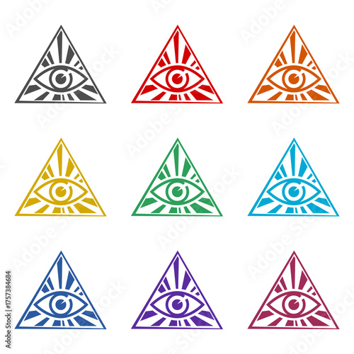 Sacred Masonic symbol. All Seeing eye icon isolated on white background. Set icons colorful