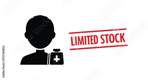 Doctor medical icon and red stamp signify limited stock availability for healthcare supplies silhouette