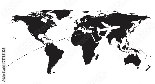 Global travel and aviation industry connected across continents with airplane routes and world map silhouettes silhouette