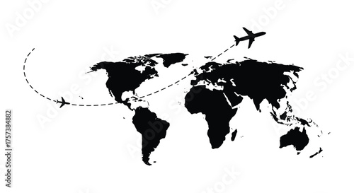 Global airplane flight path connecting continents across world map silhouetted for international travel and exploration silhouette