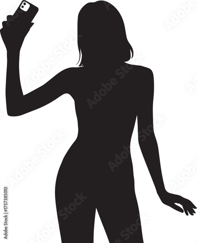 Stylish Woman Silhouette Taking Selfie with Phone Vector Illustration for Social Media