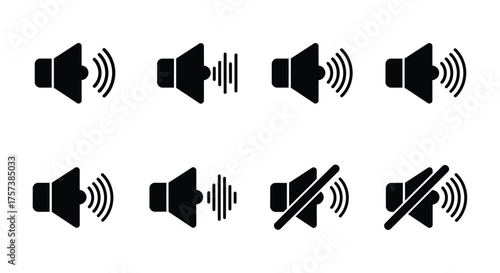 Eight black speaker icons showing sound levels from mute to maximum volume and mute symbols silhouette