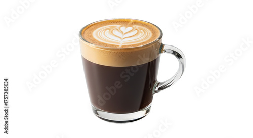Elegant glass mug filled with rich dark coffee adorned with latte art on a clean black backdrop.