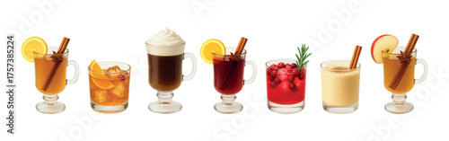 Winter hot drinks set - hot toddy, mulled wine, apple cider, eggnog, irish coffee, cranberry punch and bourbon cocktails. Vectors isolated on white background.