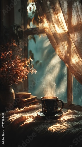 Cozy morning coffee time in a warm home embracing comfort and peaceful happiness