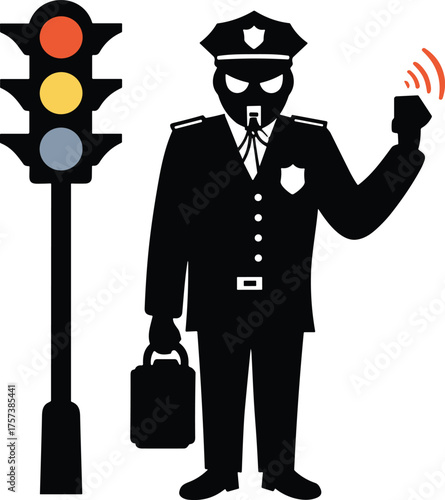 Police officer silhouette, spooky law enforcement art, eerie traffic light illustration, supernatural authority figure, haunted cop design, dark Halloween character concept