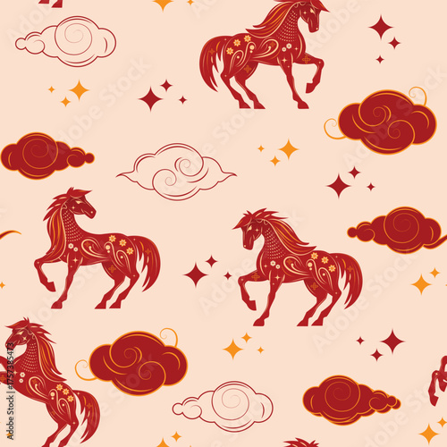 Beige festive texture, zodiac horse, decorative clouds, gold accents, New Year, joyful seamless vector classic.