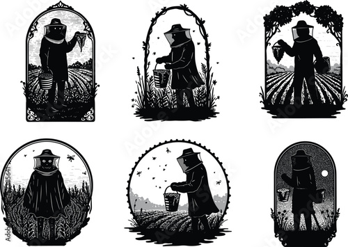 Plague doctor silhouettes, gothic illustration, eerie masked figure, mysterious character art, dark rural scene, supernatural design, spooky costume, haunting medieval theme