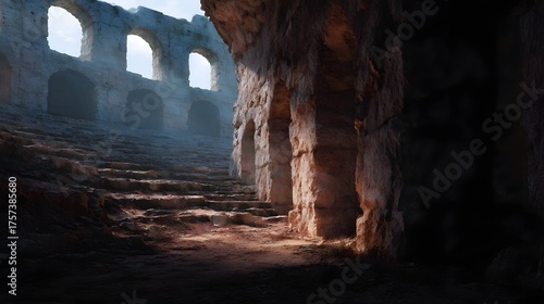 Atmospheric view of ancient stone ruins with arched openings and worn steps bathed in dramatic light