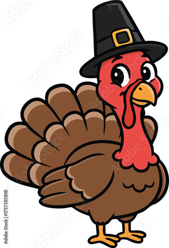 Cute cartoon turkey wearing pilgrim hat thanksgiving