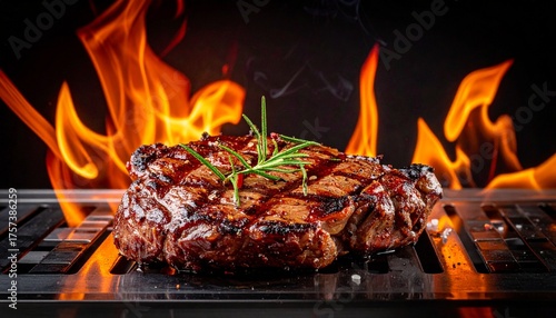 Grilled meat steak on stainless grill depot with flames on dark background. Food and cuisine concept. chop
