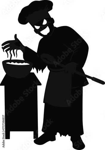 Sinister chef silhouette, creepy cooking scene, horror kitchen art, evil cook character, spooky cuisine, dark culinary theme, eerie food, Halloween design