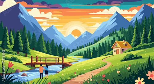 Picturesque mountain valley at sunset, featuring a winding river, charming house, and a couple on a peaceful stroll