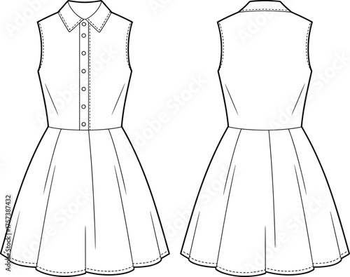 Sleeveless collared dress sketch, button down fashion illustration, flared skirt garment design, stylish apparel drawing, elegant clothing outline, modern dress art