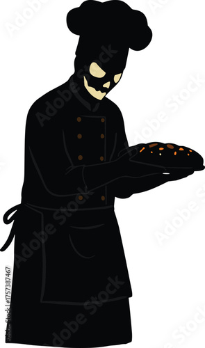 Skeleton chef illustration, spooky cooking art, eerie kitchen character, ghostly baker design, Halloween culinary theme, sinister food concept, dark restaurant artwork