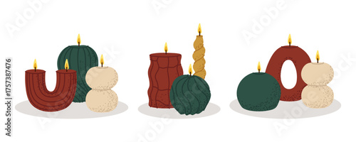 Set of burning, oddly shaped decorative candles. Excellent for home decor and holiday design.