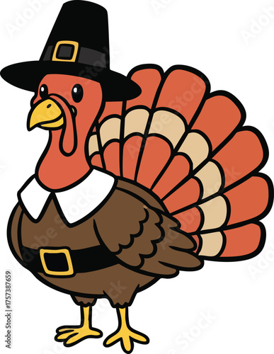 Cute cartoon turkey wearing pilgrim hat thanksgiving