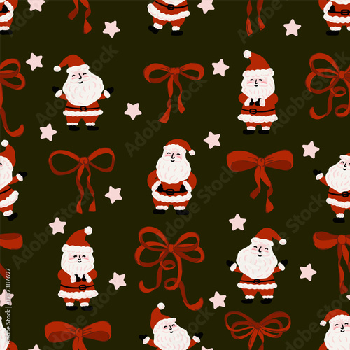 Christmas Santa Claus and preppy red bows on dark background seamless pattern for wrap, textile