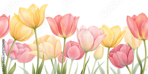 Tulip flowers, watercolor seamless border of pink and yellow tulips isolated on transparent background. Flower png.