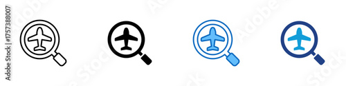 Flight Search Multiple Style Icon Design Vector - Magnifying glass with airplane symbol representing flight search and ticket booking