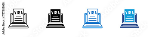 Online Visa Multiple Style Icon Design Vector - Laptop displaying a visa document symbolizing digital visa application and international travel authorization