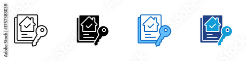 Property Key Multiple Style Icon Design Vector - Real estate document with house and key symbolizing property ownership, mortgage, and home purchase