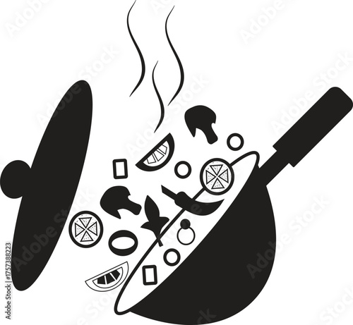 Black silhouette of a wok filled with steaming vegetables and ingredients with the lid open suggesting a cooking process silhouette